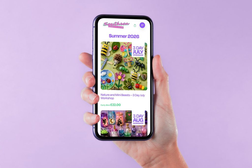 Southsea Crafty Club ecommerce and workshop booking website displayed on a smartphone